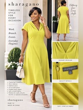 Sharagano Yellow A-Line V-Neck Dress